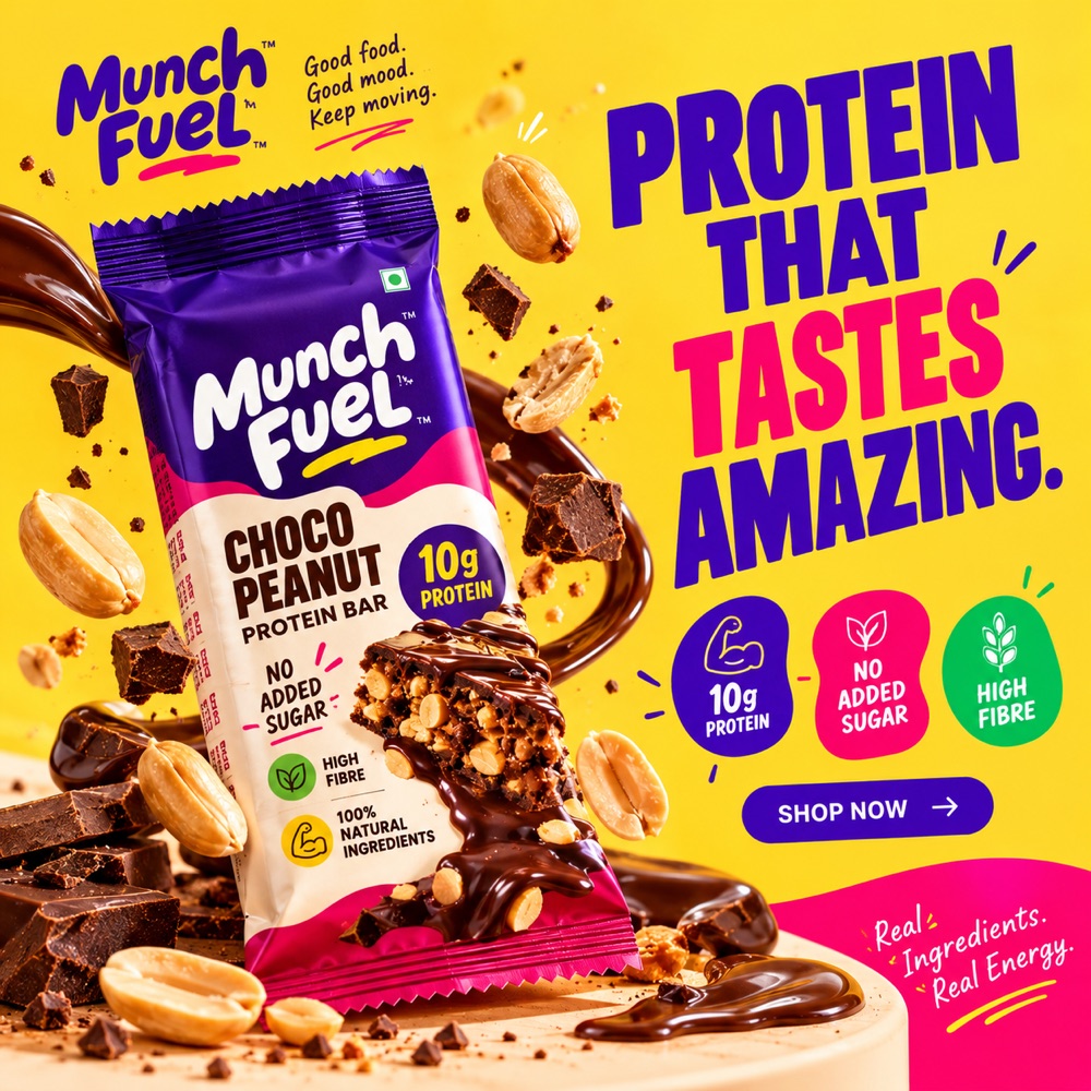 Choco Peanut Power Bar with melted chocolate and peanuts on a sunny yellow background