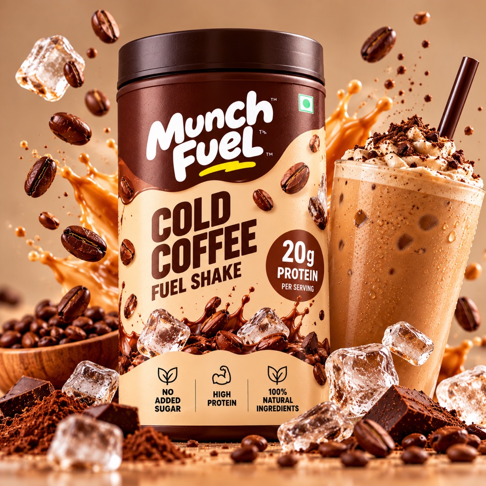 Cold Coffee Fuel Shake splashing with coffee beans, ice and chocolate