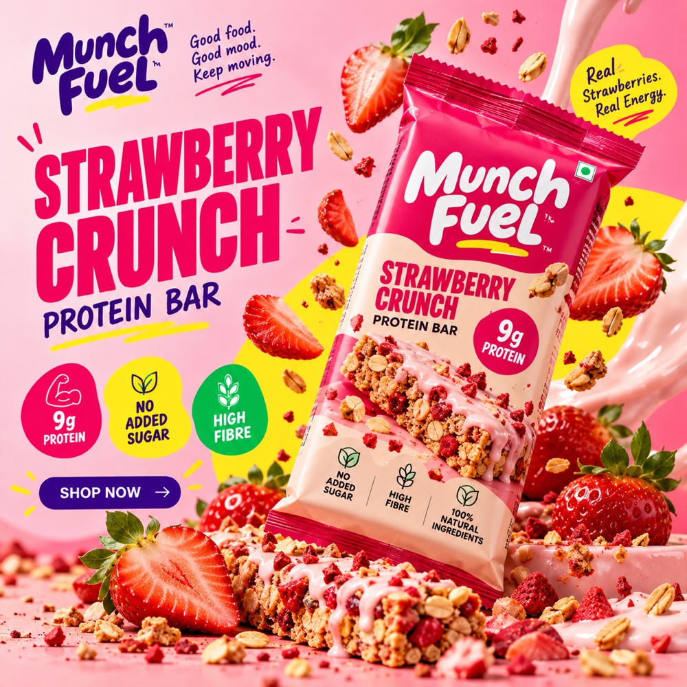 Strawberry Crunch Protein Bar campaign creative
