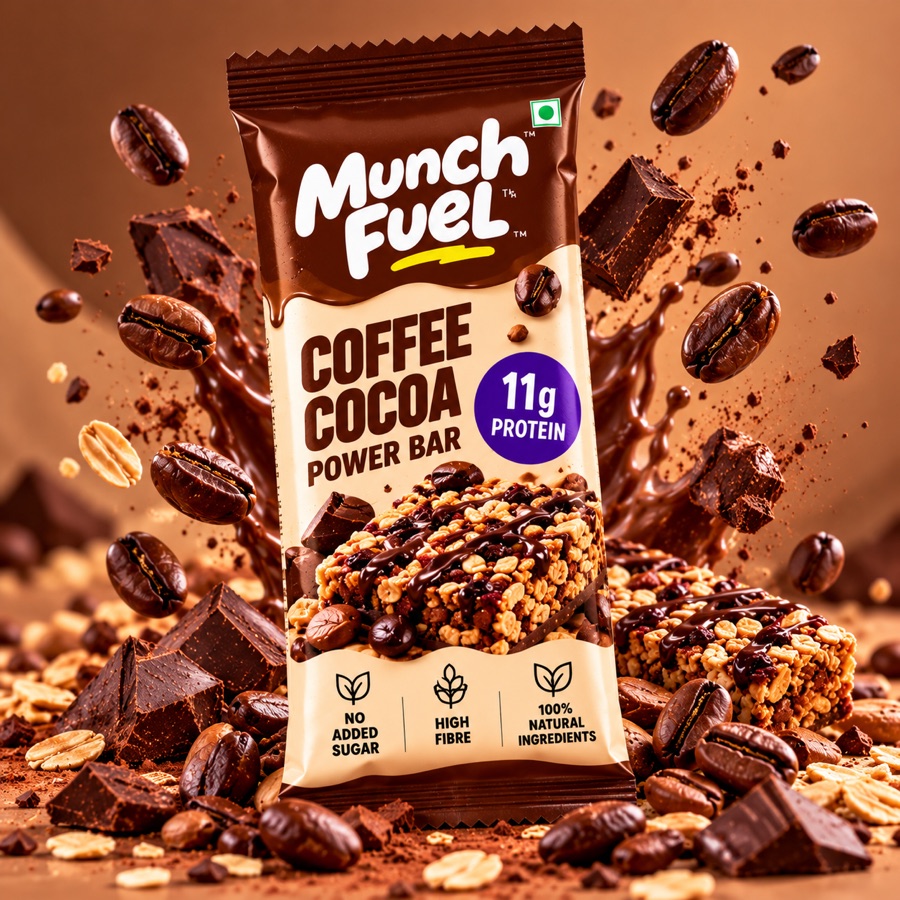 Coffee Cocoa Power Bar in brown MunchFuel wrapper with coffee beans and chocolate pieces