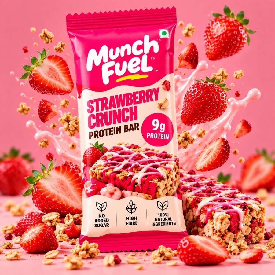 Strawberry Crunch Protein Bar in pink MunchFuel wrapper with fresh strawberries and a milk splash